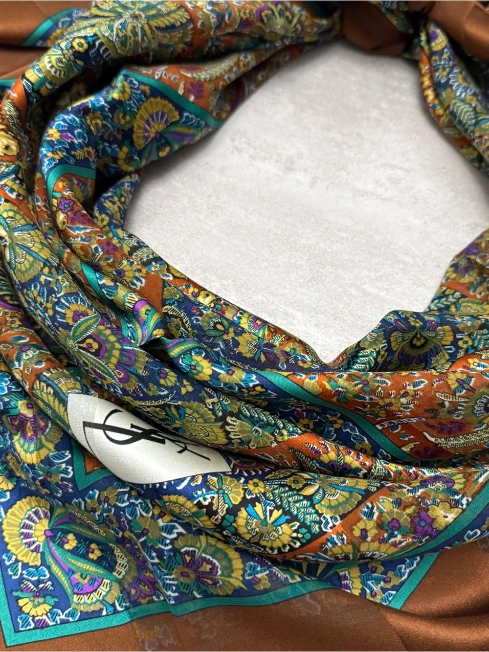 Yves Saint Laurent Multicolor Paisley Silk Scarf with Teal and Orange Accents